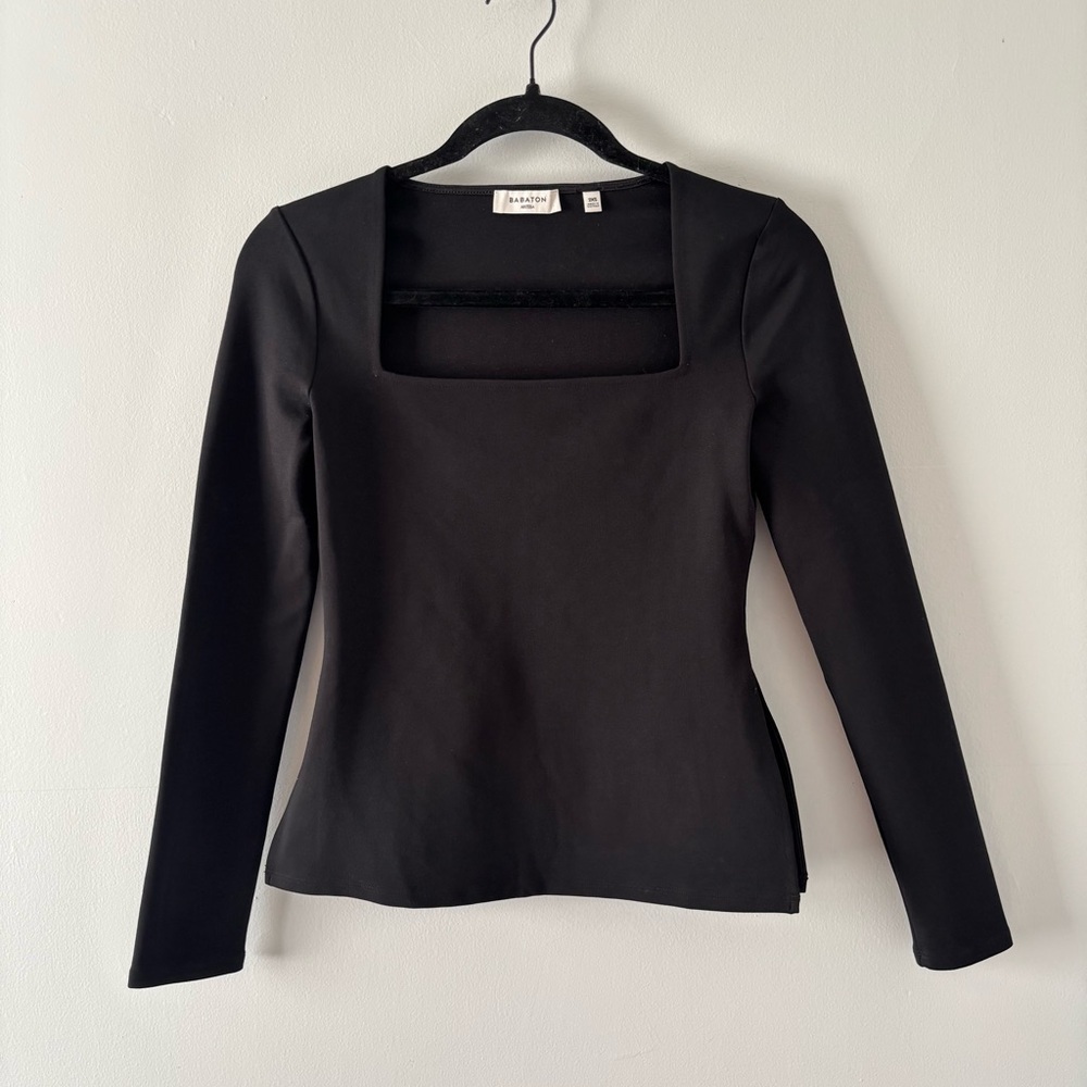 Babaton Calla Ponte Longsleeve Top Squareneck Side Slits Stretch Black Aritzia - Picture 4 of 7